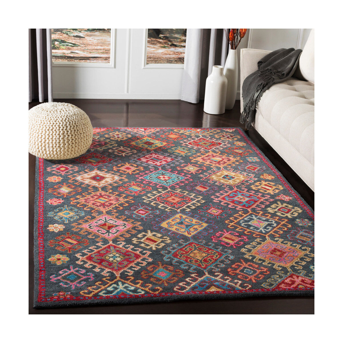Tabriz 36 X 24 inch Bright Pink/Dark Red/Charcoal/Peach/Wheat/Tan/Aqua Rugs, Rectangle