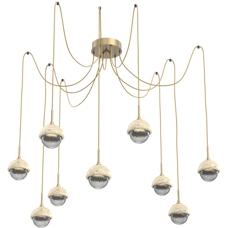Cabochon LED 14.1 inch Gilded Brass with Travertine Stone Swag Multi-Pendant Ceiling Light in 3000K LED, Smoke