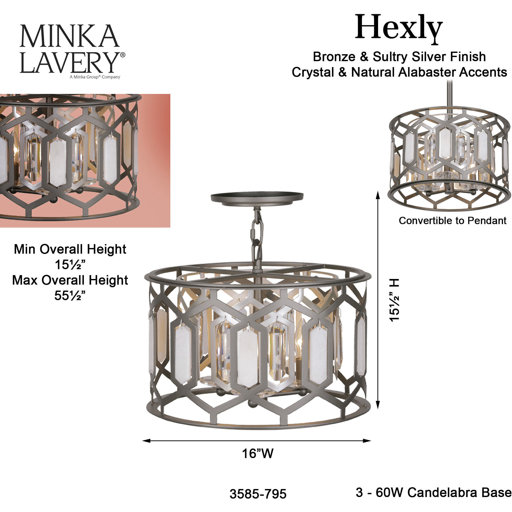 Hexly 3 Light 16 inch Bronze and Sultry Silver Semi Flush Mount Ceiling Light
