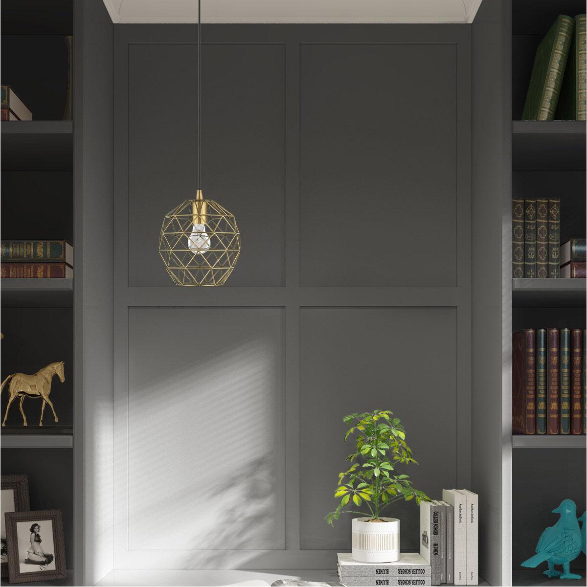 Geometric 1 Light 8 inch Antique Brass Mini Pendant Ceiling Light