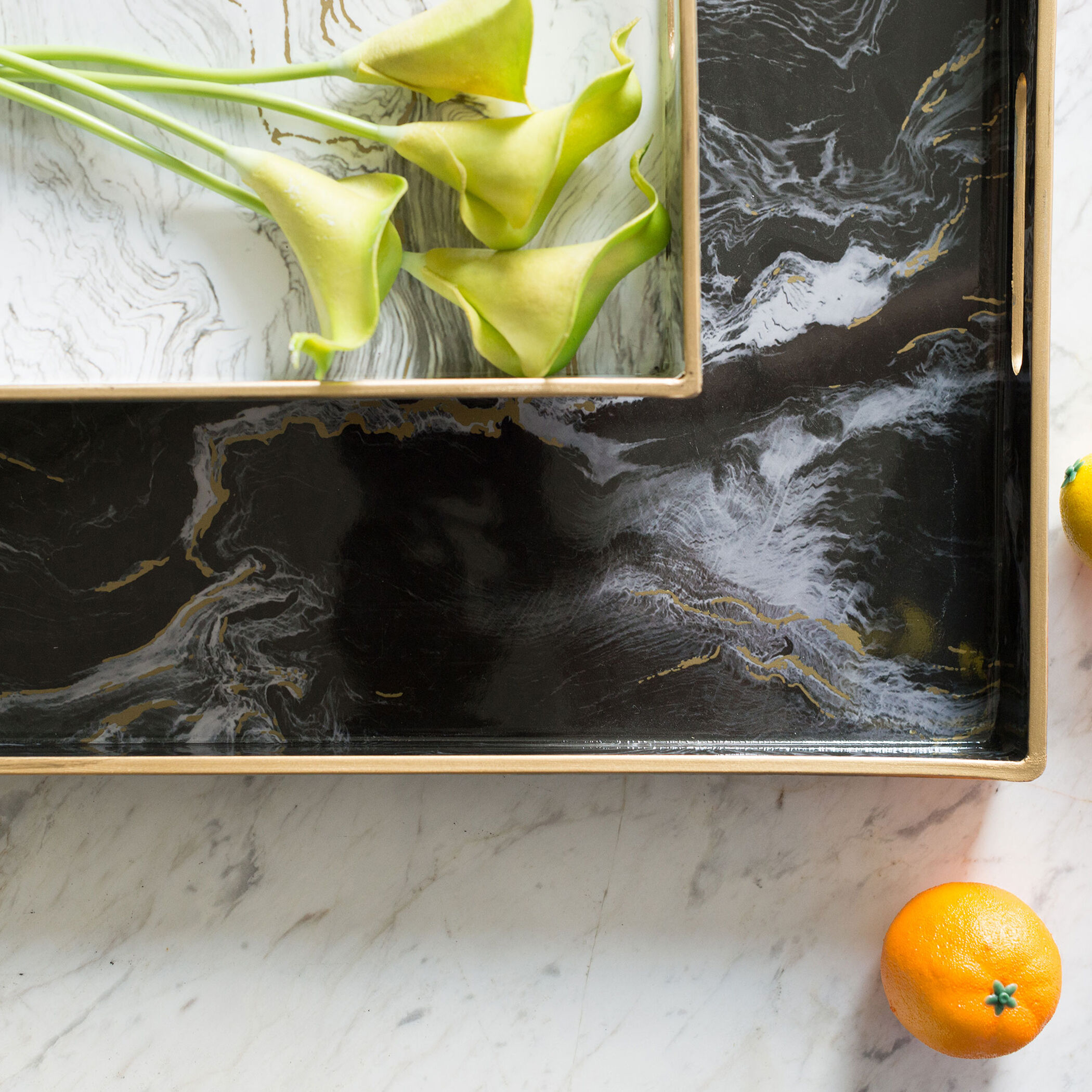 Quinn Rectangular Decorative Black and White Tray, Set of 2