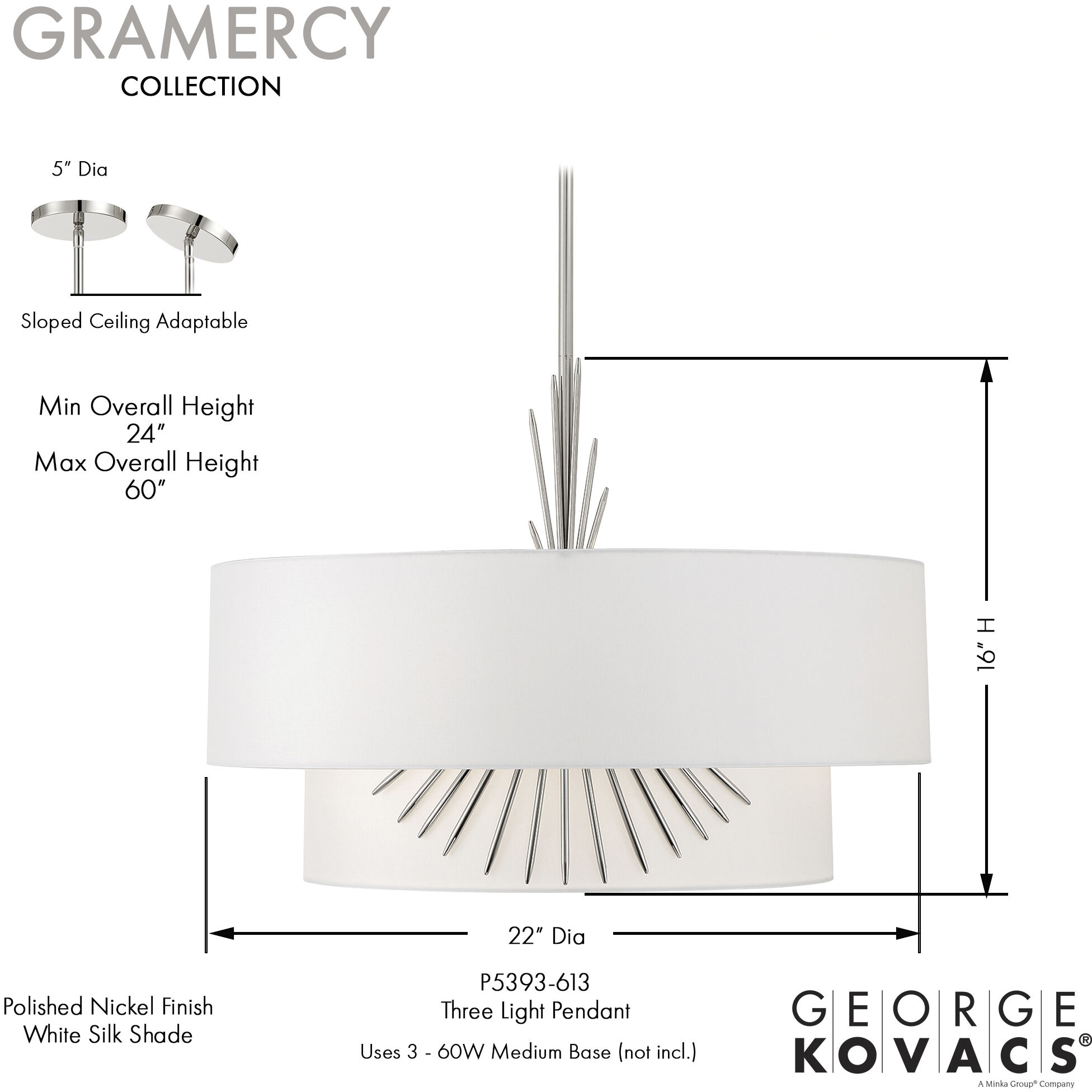 Gramercy 3 Light 21.88 inch Polished Nickel Pendant Ceiling Light