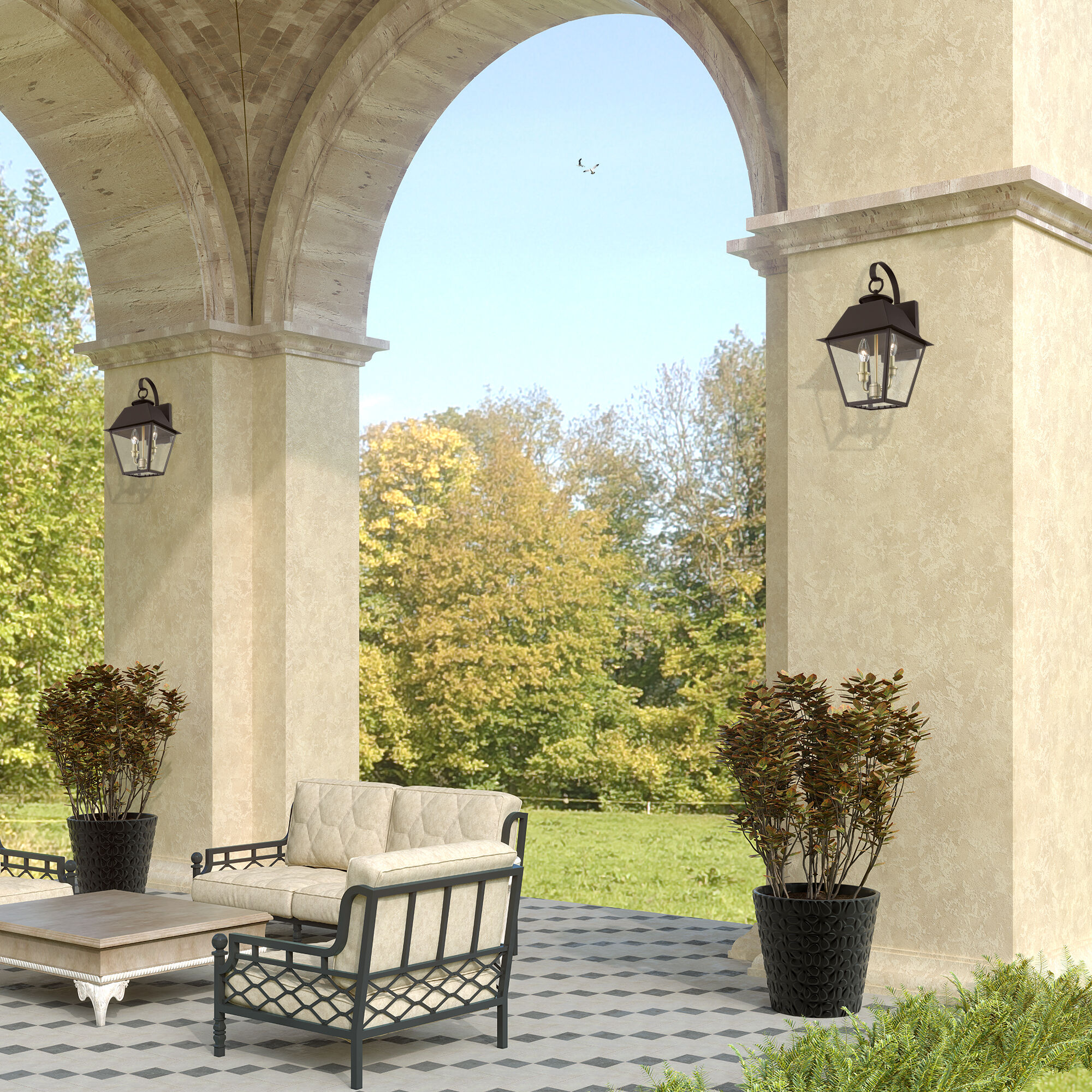 Wentworth 2 Light 17 inch Bronze with Antique Brass Finish Cluster Outdoor Wall Lantern, Medium