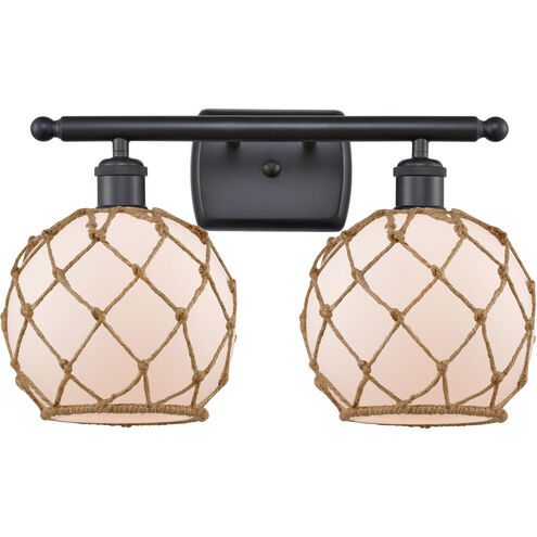 Ballston Farmhouse Rope 2 Light 16 inch Matte Black Bath Vanity Light Wall Light in White Glass with Brown Rope, Ballston