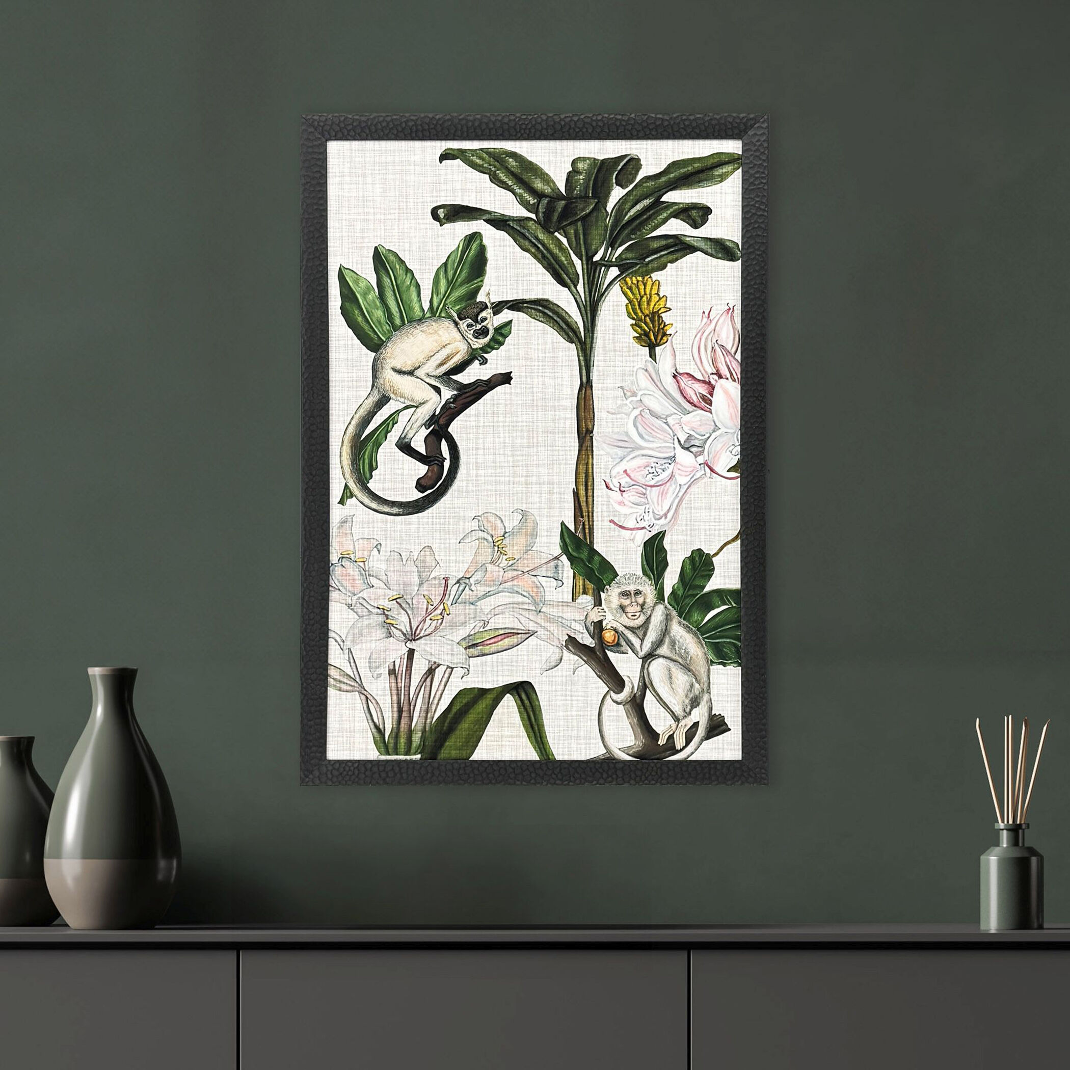 Monkey on Linen Green and Beige and Multi and Pink Framed Art