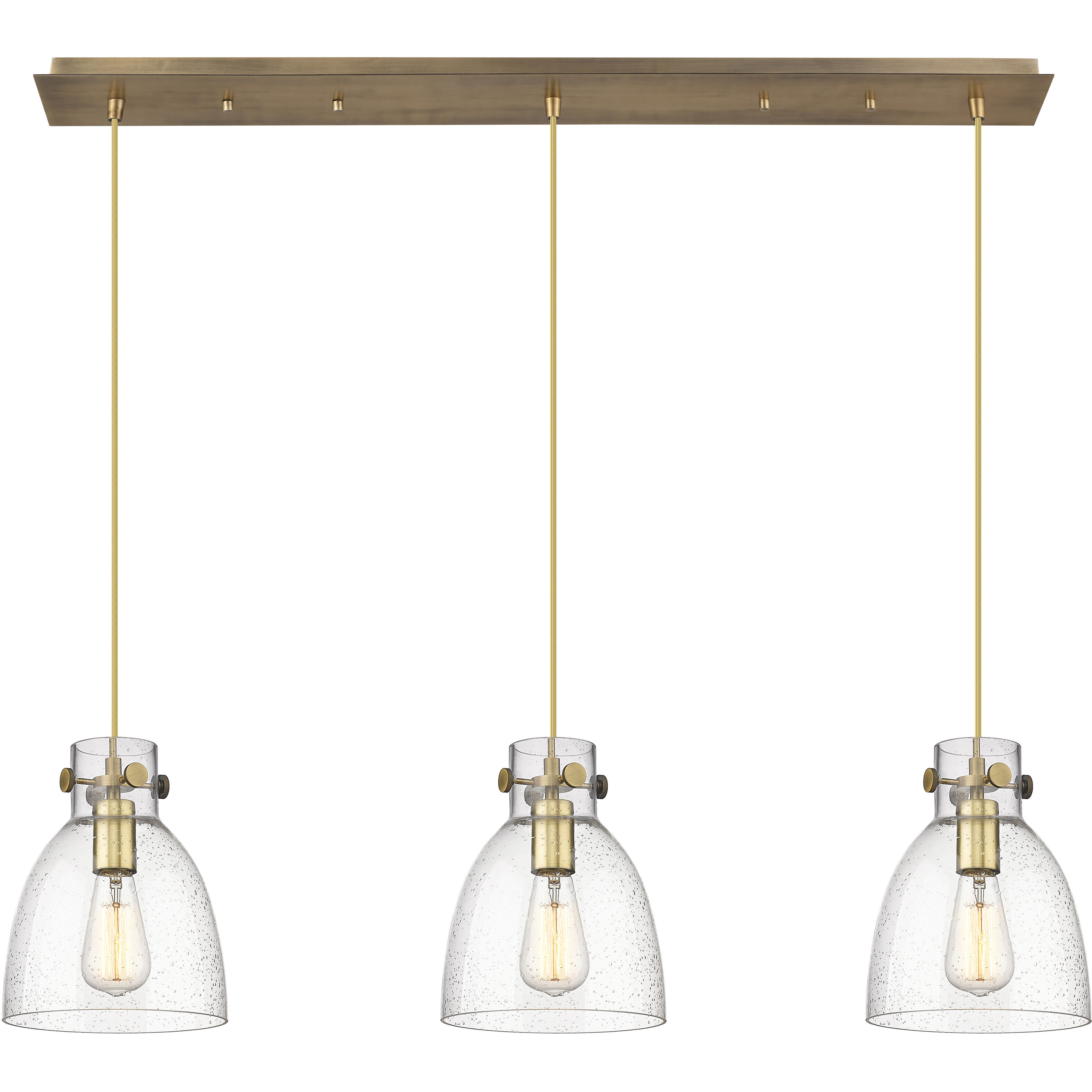 Newton Bell 3 Light 39.75 inch Brushed Brass Linear Pendant Ceiling Light in Seedy Glass