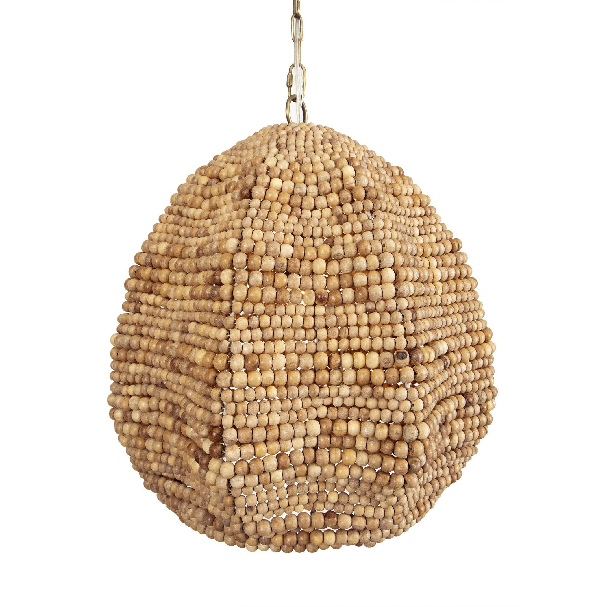 Kauri 1 Light 18 inch Natural Wooden Beads and Antique Brass Pendant Ceiling Light