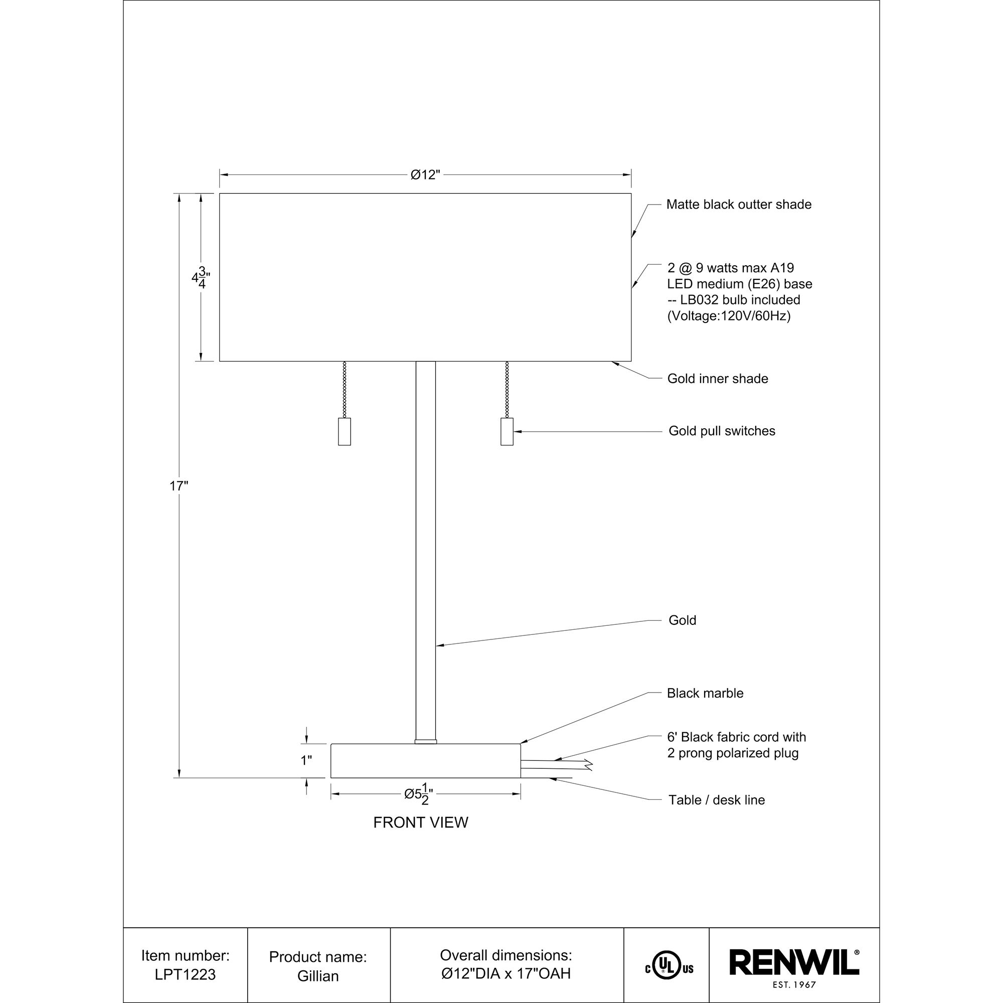Gillian 17 inch 100 watt Gold and Black Table Lamp Portable Light