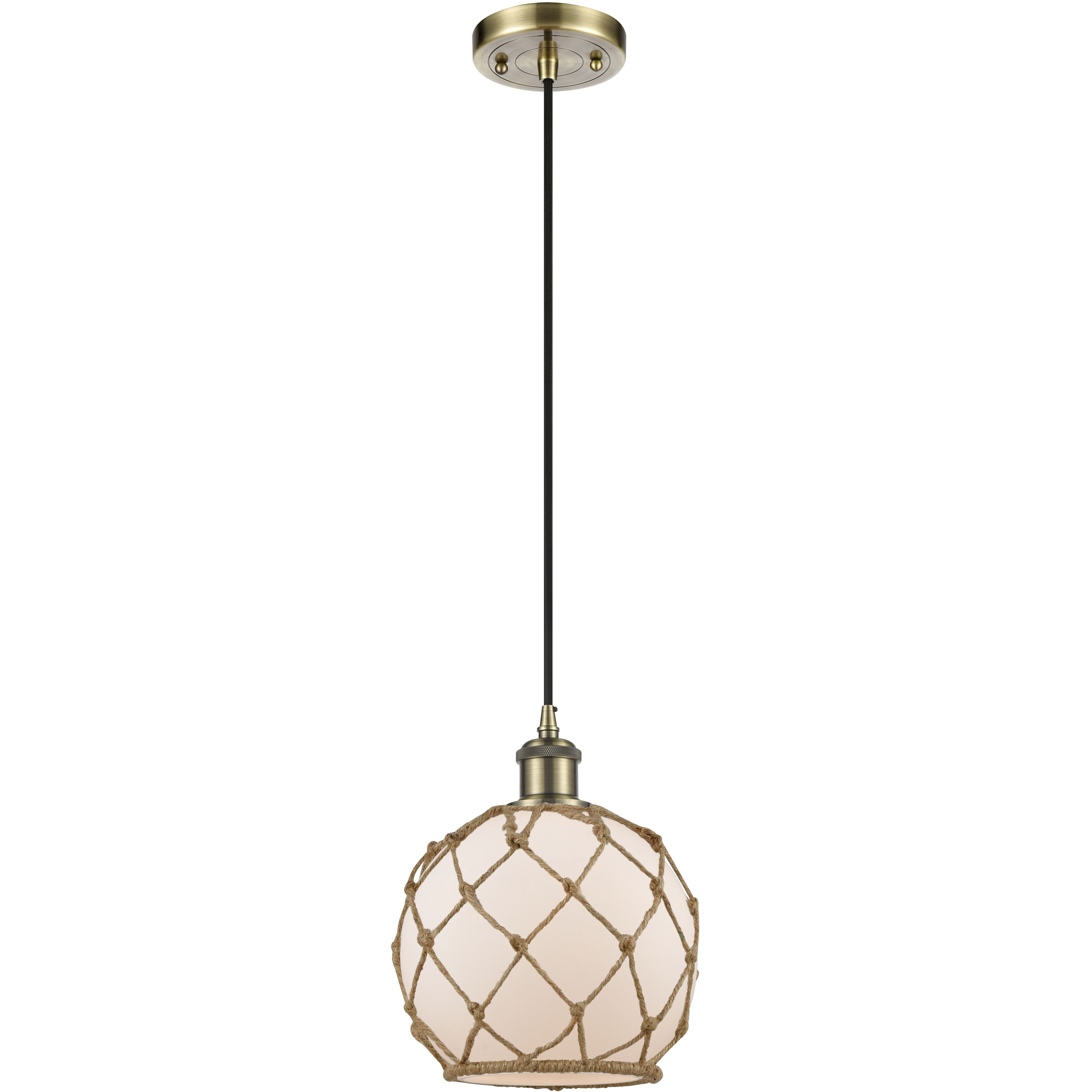 Ballston Farmhouse Rope LED 8 inch Antique Brass Mini Pendant Ceiling Light in White Glass with Brown Rope, Ballston