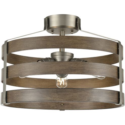 Fort Garry 3 Light Buffed Nickel and Barnwood on Metal Semi-flush Mount Ceiling Light