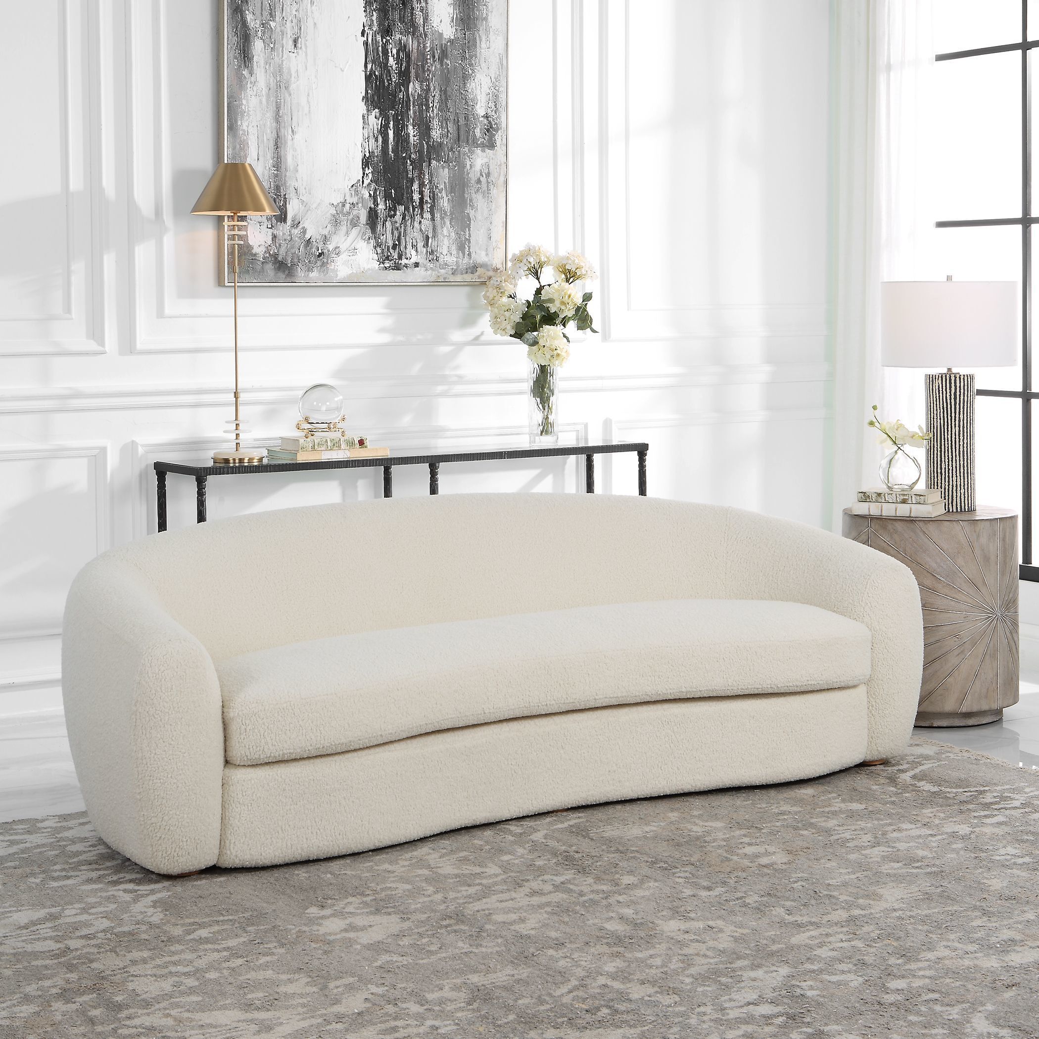 Capra Off White Faux Shearling and Natural Oak Sofa