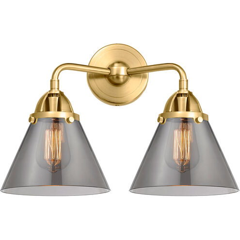 Nouveau 2 Large Cone 2 Light 16 inch Satin Gold Bath Vanity Light Wall Light in Plated Smoke Glass