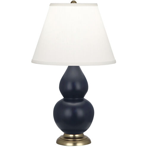 Small Double Gourd 22.75 inch 150.00 watt Matte Midnight Blue Glazed Ceramic with Antique Brass Accent Lamp Portable Light in Pearl Dupioni
