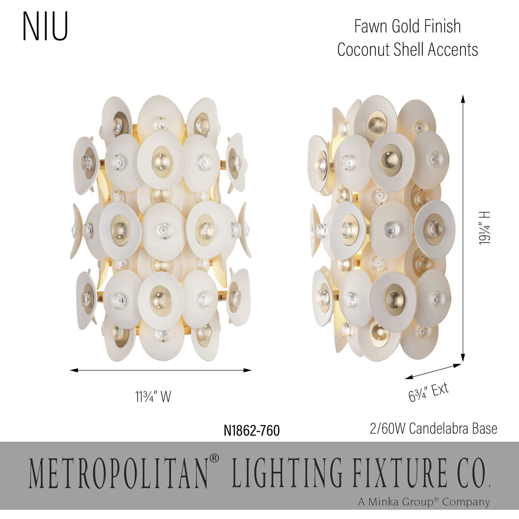Niu 2 Light 11 inch Coconut Shell Gold / Coconut Shell White Wall Sconce Wall Light