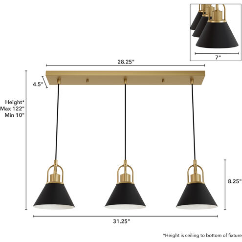 Carrington Isle 3 Light 31.25 inch Luxe Gold and Flat Matte Black Linear Pendant Ceiling Light, Medium