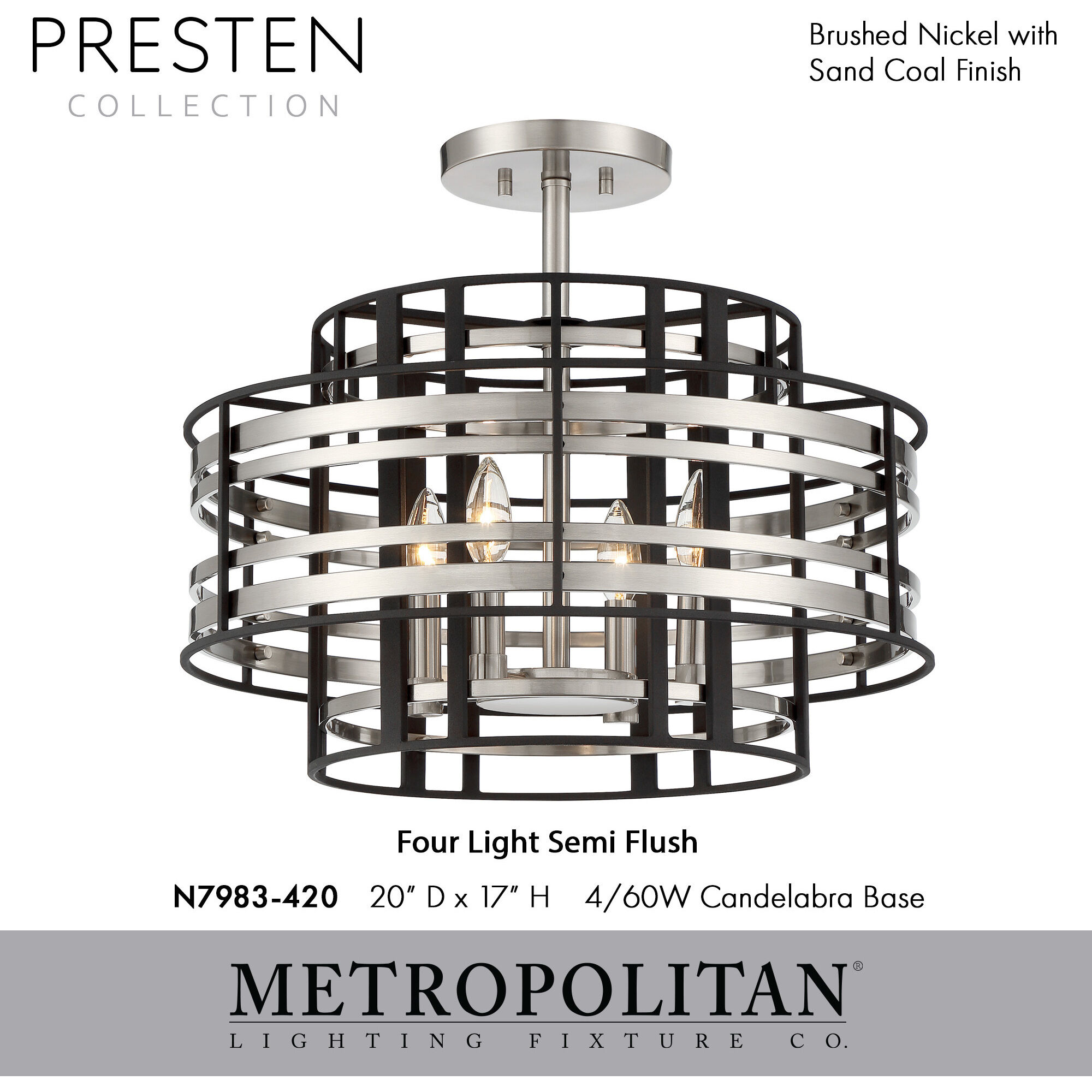 Presten 4 Light 20 inch Brushed Nickel with Sand Coal Semi Flush Ceiling Light