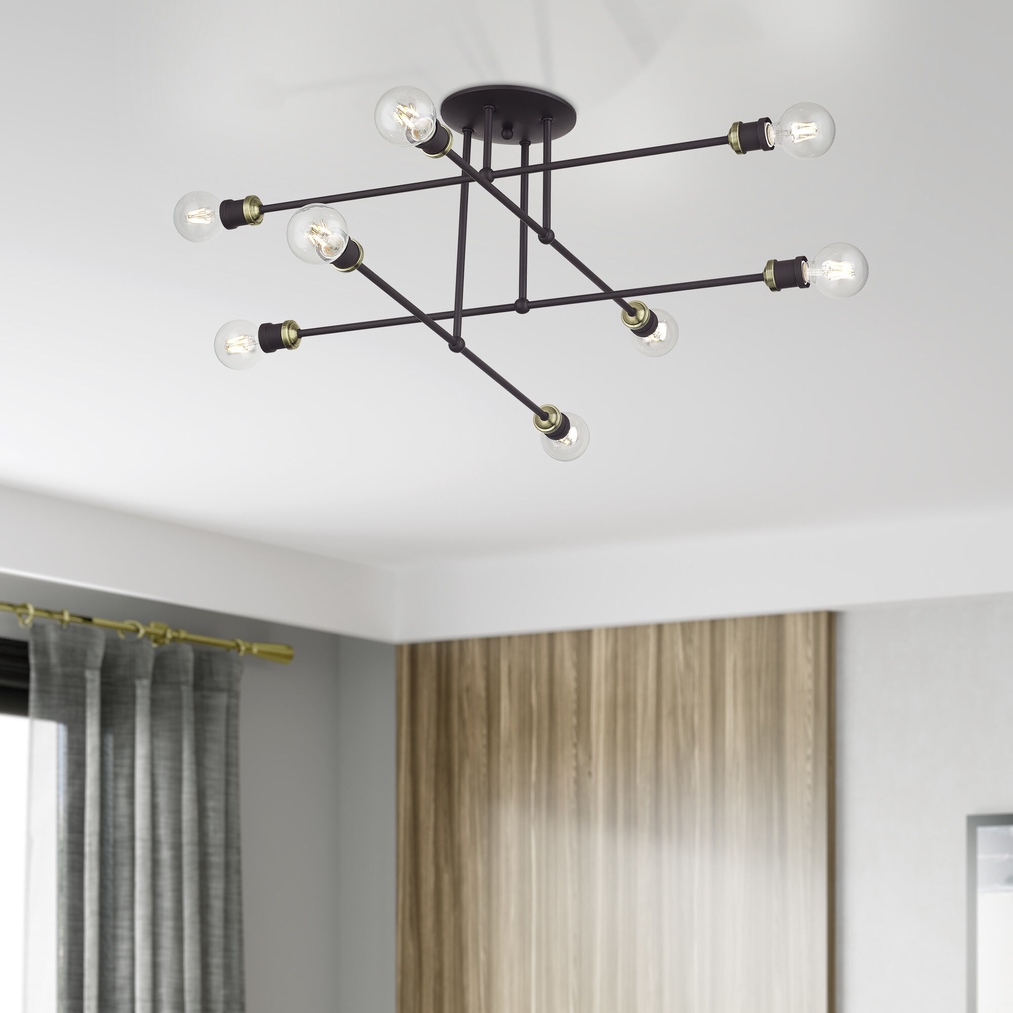 Delacroix 8 Light 35 inch Bronze with Antique Brass Accents Semi-Flush Ceiling Light