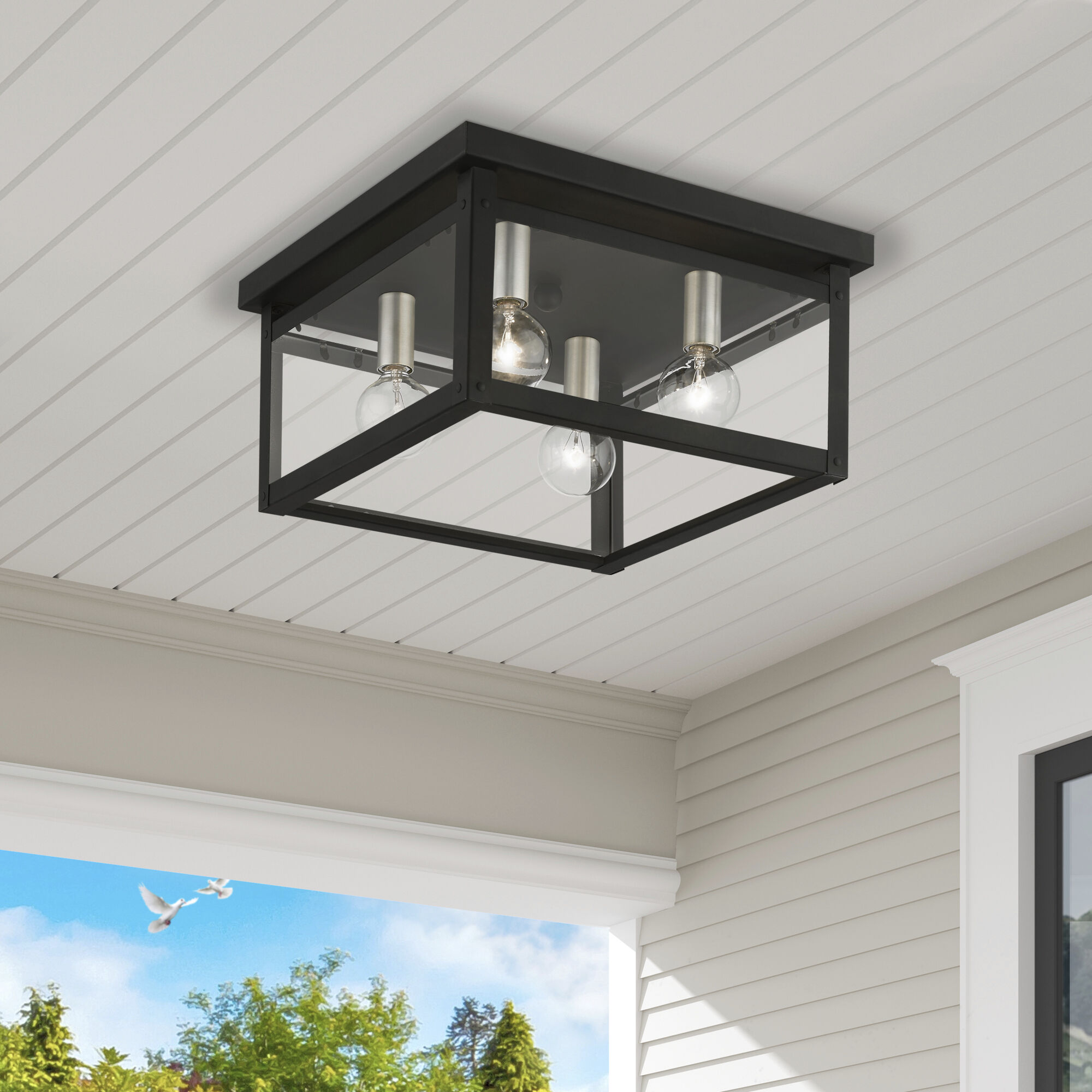 Milford 4 Light 11 inch Black with Brushed Nickel Finish Candles Flush Mount Ceiling Light, Square