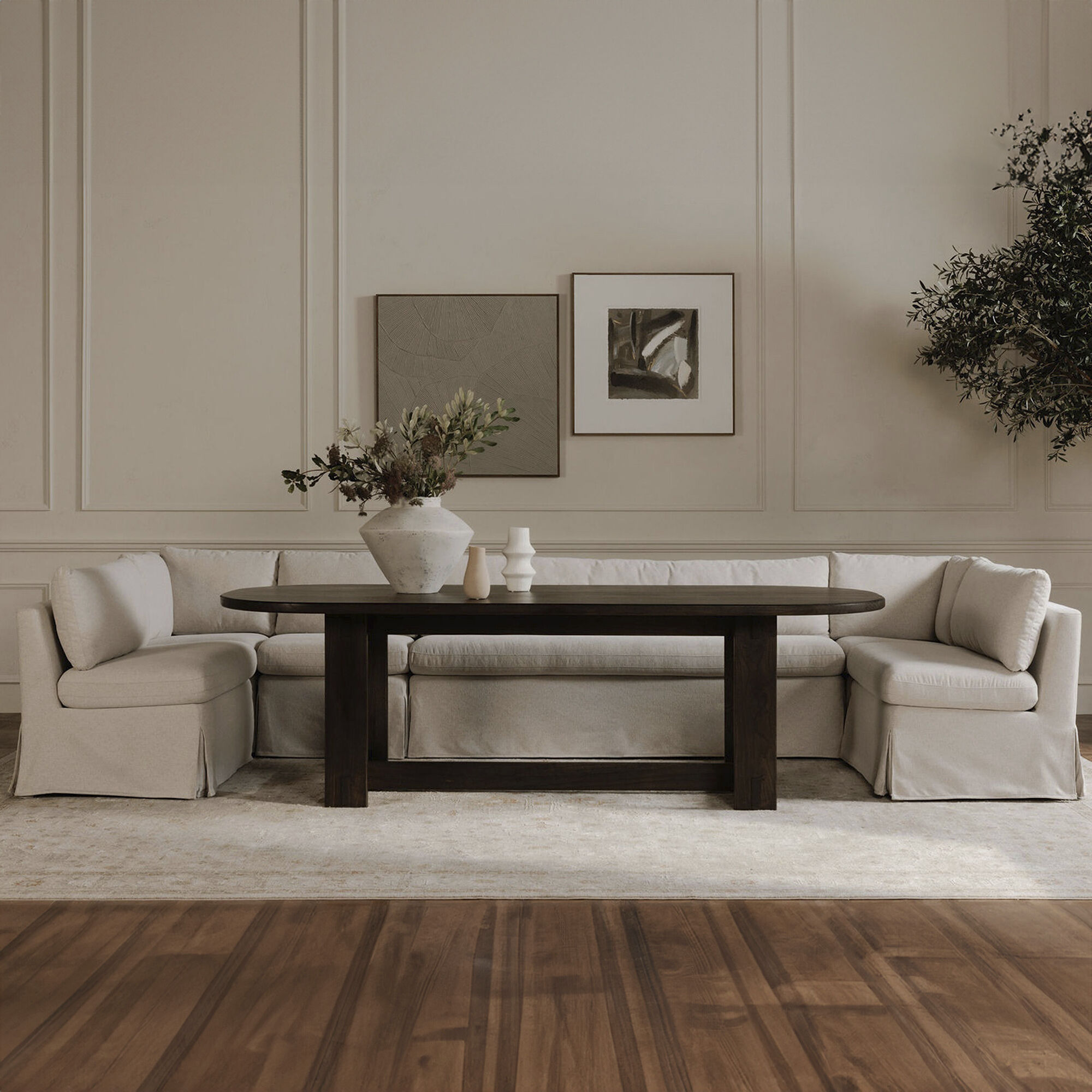 Fable Beige Slipcover Dining Banquette, U-Shape