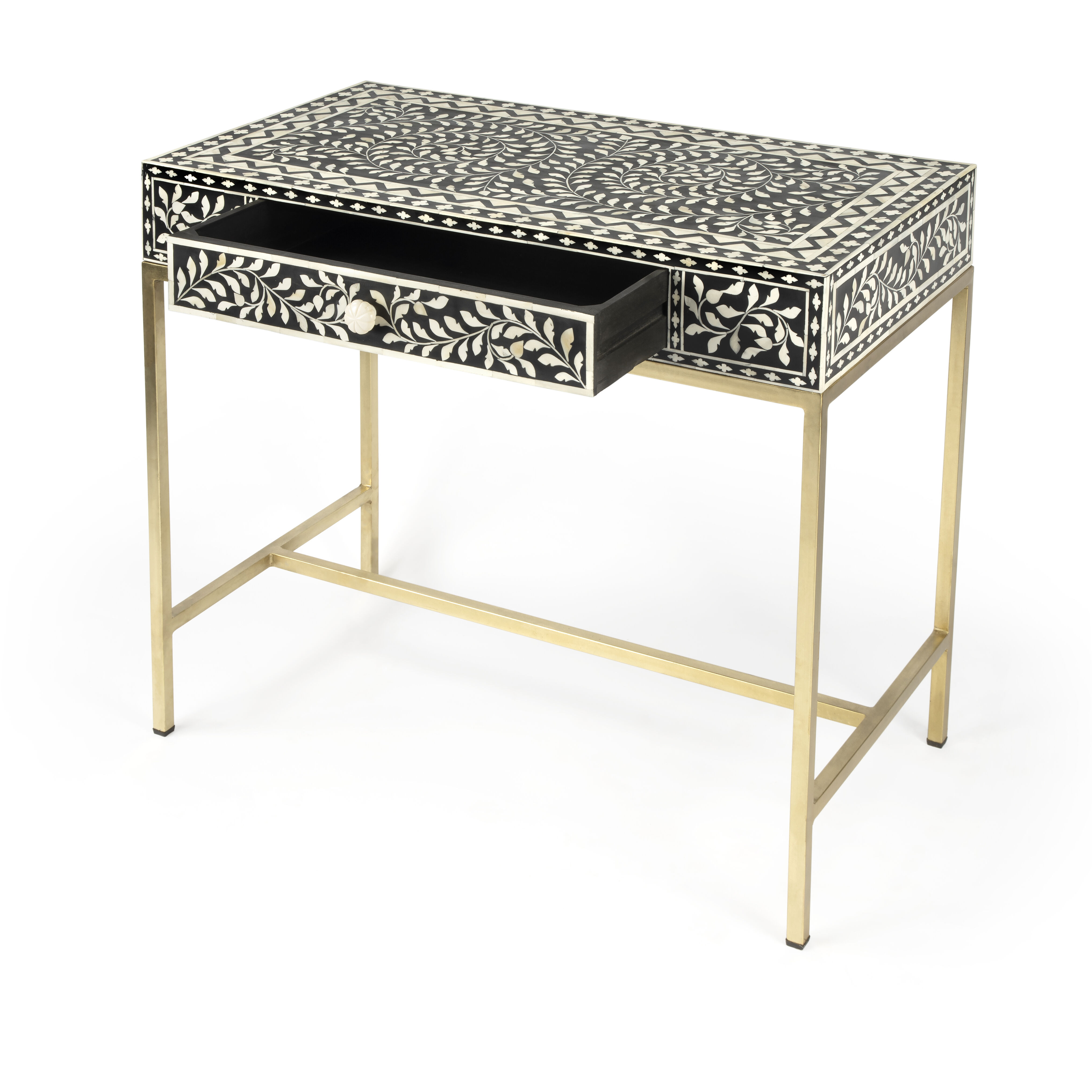 Perilla  Bone Inlay Writing Desk in Black and White,Gold