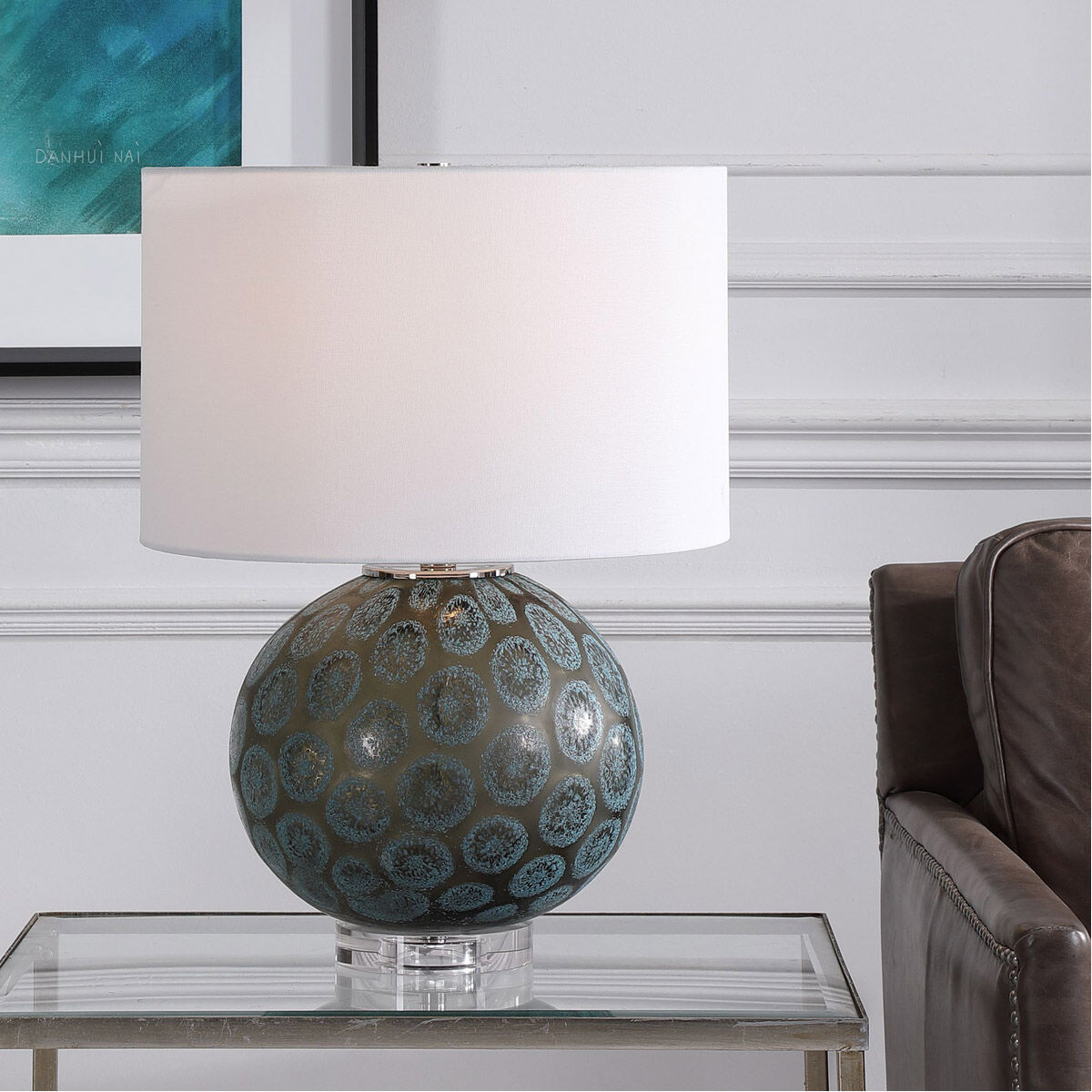 Uttermost 28434 1 Agate 22 inch 150.00 watt Charcoal Translucent Glass with Dark Teal Accents Table Lamp Portable Light