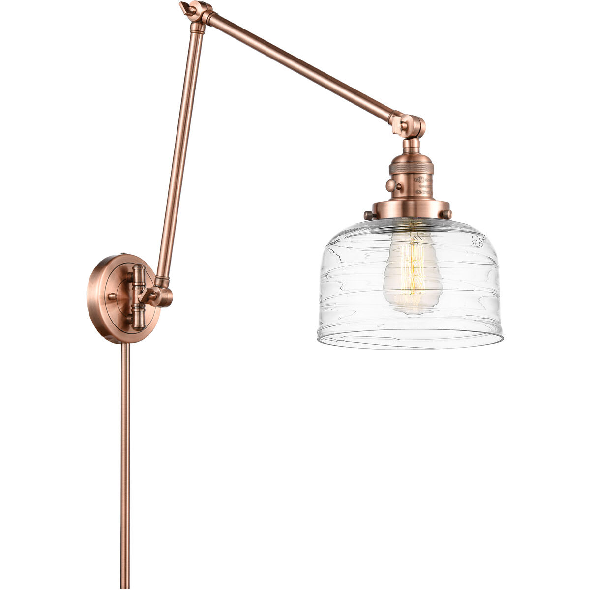 Franklin Restoration Bell 30 inch 100 watt Antique Copper Swing Arm Wall Light in Clear Deco Swirl Glass