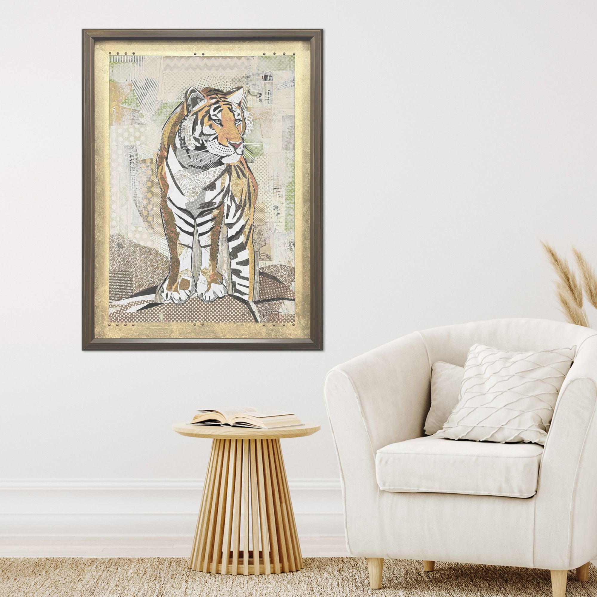 Tiger Strength Brown and Green and Metallic and Multi Framed Art