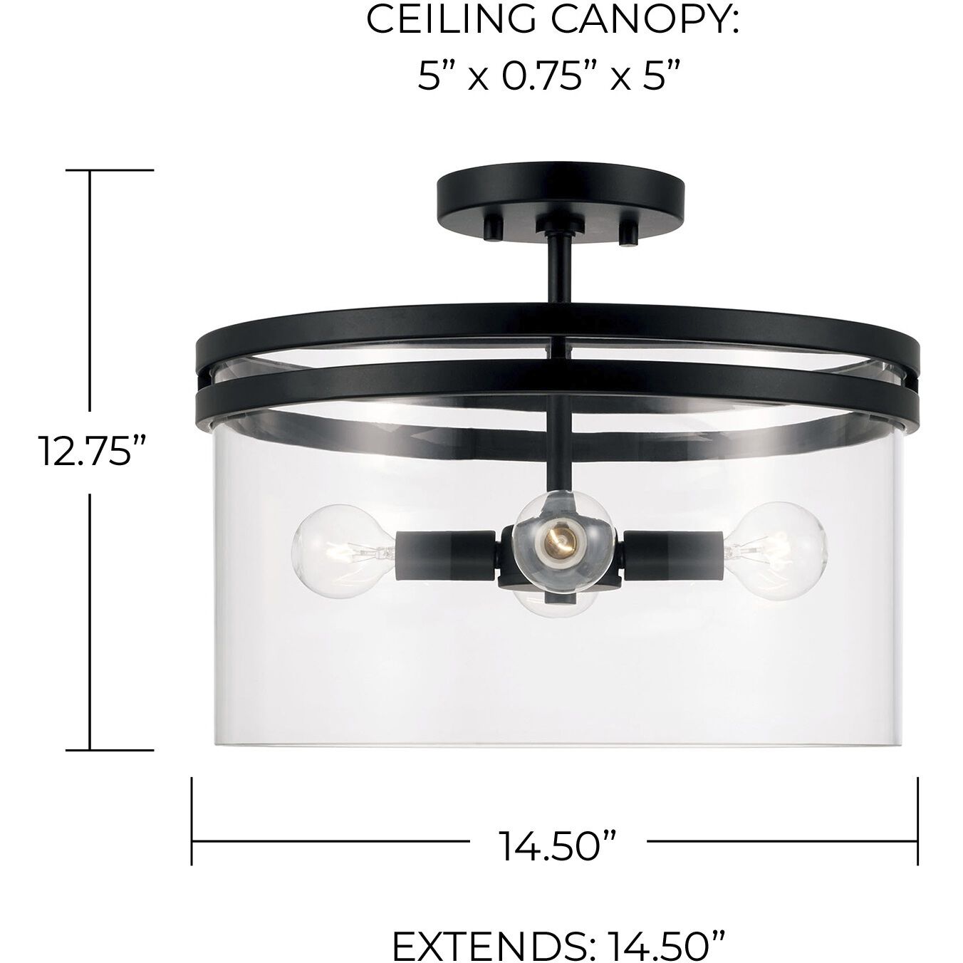 Fuller 4 Light 14.5 inch Matte Black Semi-Flush Mount Ceiling Light, Convertible Dual Mount