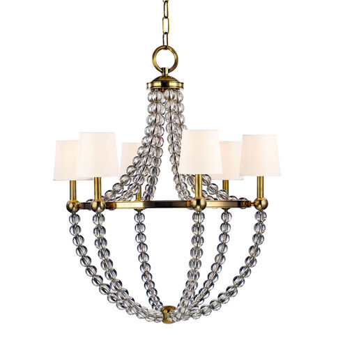 Danville 6 Light 30 inch Aged Brass Chandelier Ceiling Light in White Faux Silk 