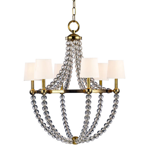 Danville 6 Light 30 inch Aged Brass Chandelier Ceiling Light in White Faux Silk