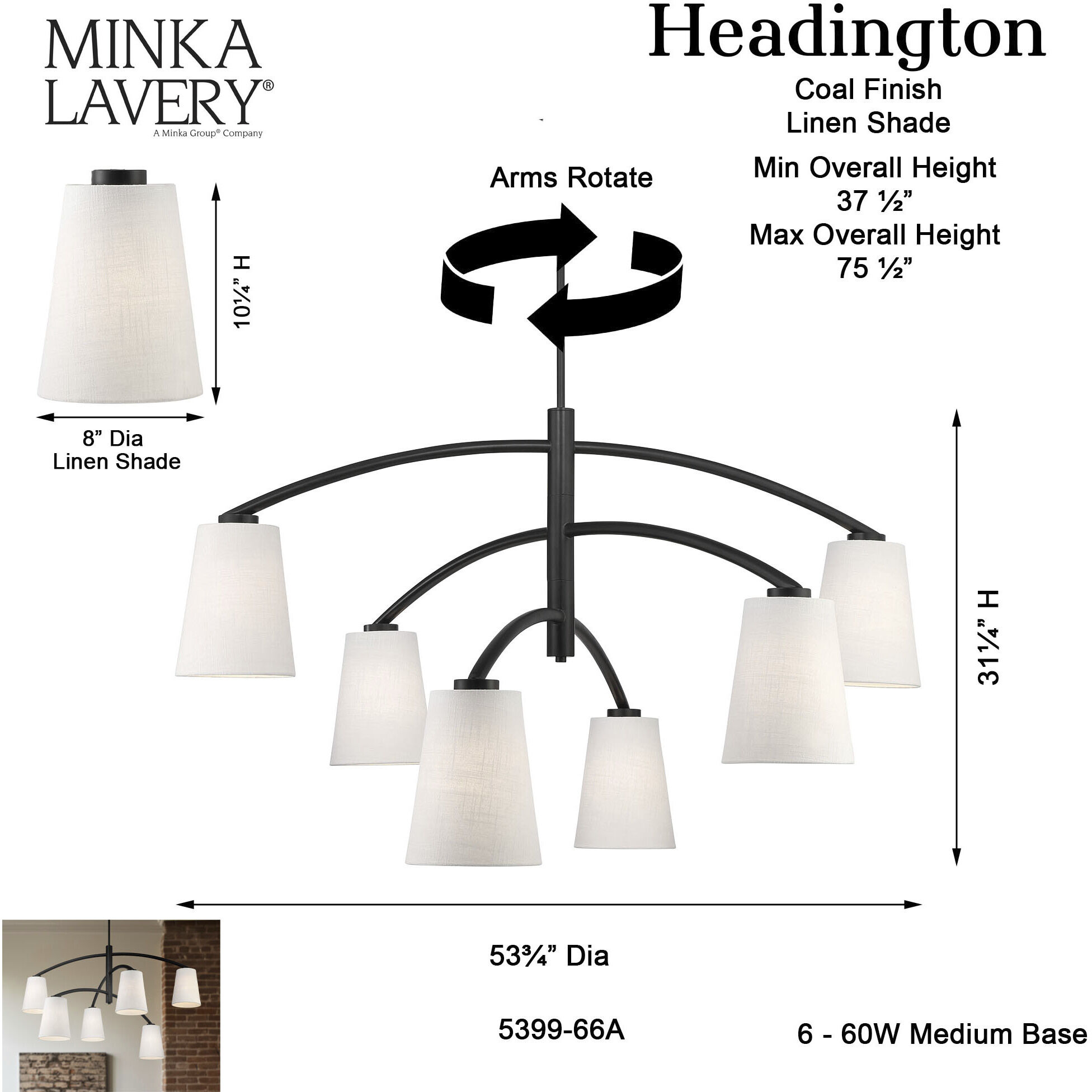 Headington 6 Light 53.75 inch Coal Chandelier Ceiling Light