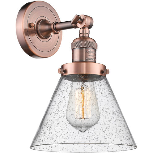 Franklin Restoration Large Cone LED 8 inch Antique Copper Sconce Wall Light in Seedy Glass, Franklin Restoration