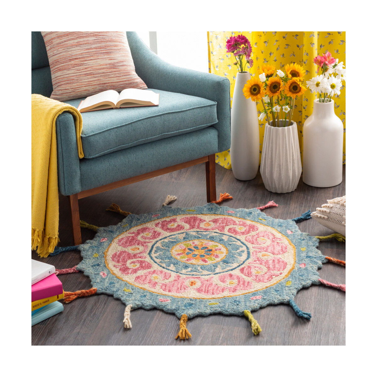 Bonifate 36 X 36 inch Rose/Lime/Khaki/Burnt Orange/Mustard/Aqua Rugs, Round