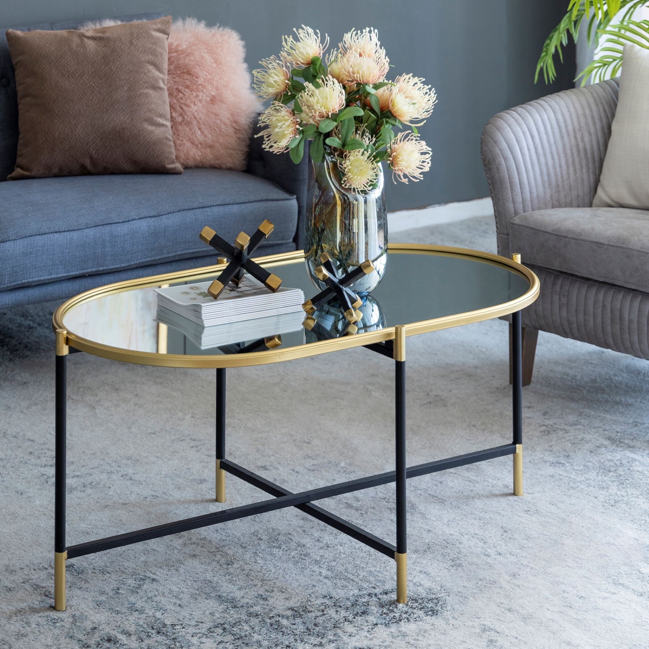 Black and gold glass coffee table top