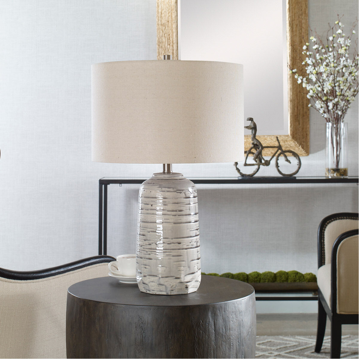 Cyclone 25 inch 150.00 watt Ivory Glaze with Striped Gray Drip Table Lamp Portable Light