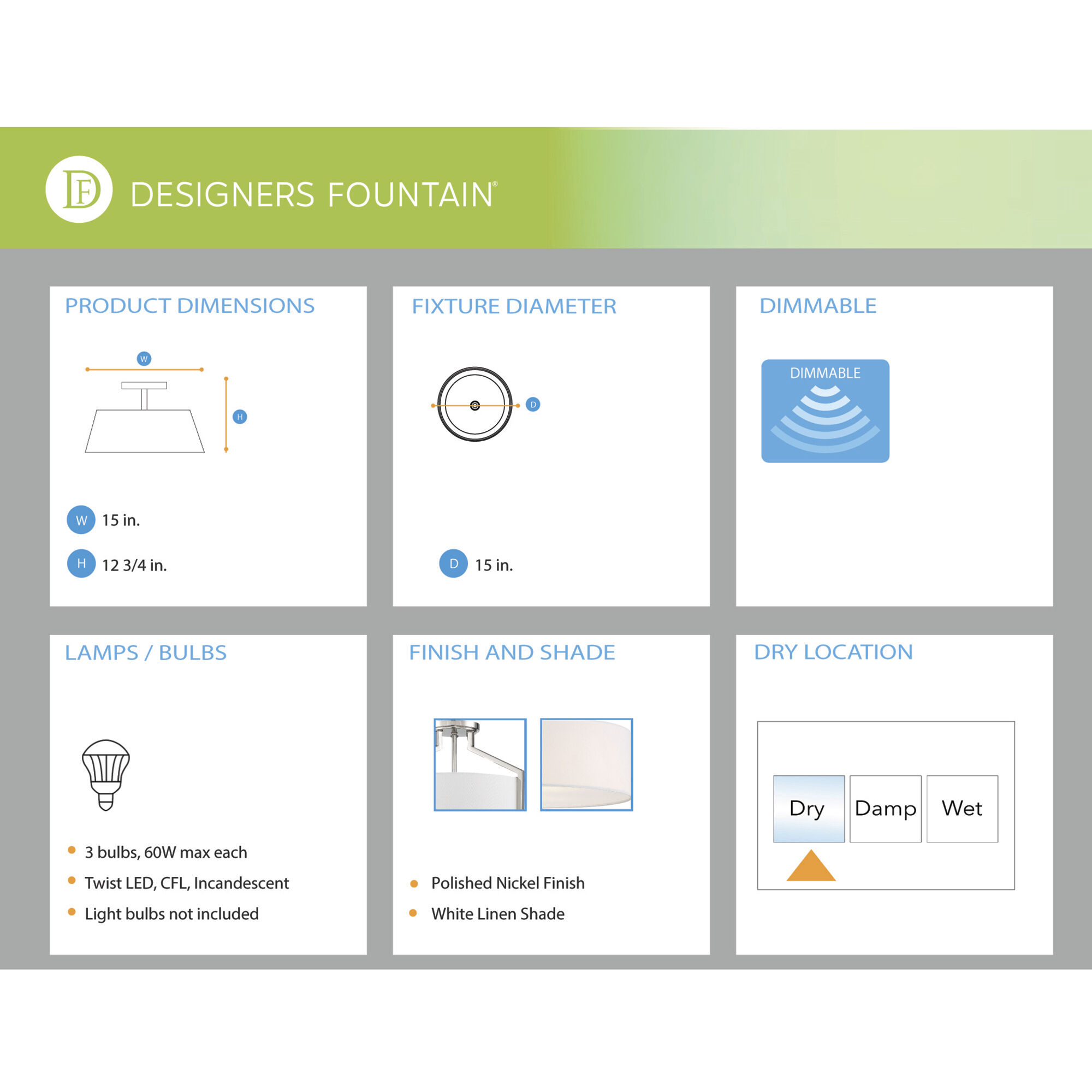 Elara 3 Light 15 inch Polished Nickel Semi-Flush Ceiling Light