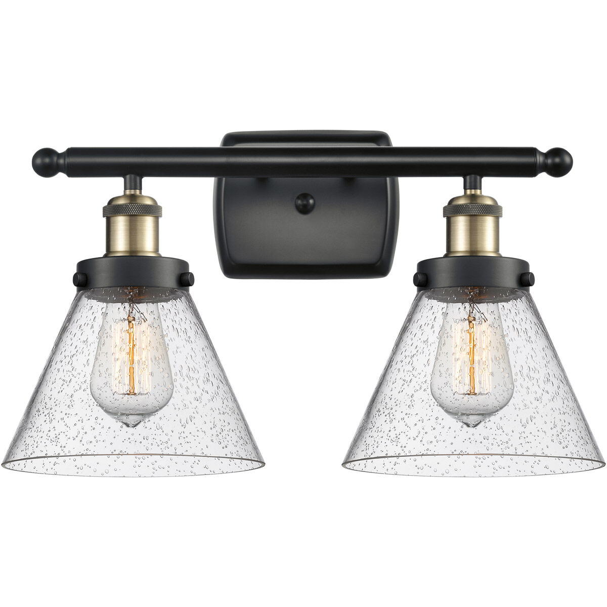 Ballston Large Cone 2 Light 16 inch Black Antique Brass Bath Vanity Light Wall Light in Seedy Glass