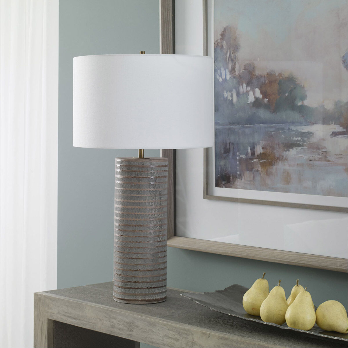 Monolith 29 inch 150.00 watt Frosted Pewter Gray and Antique Brass Table Lamp Portable Light