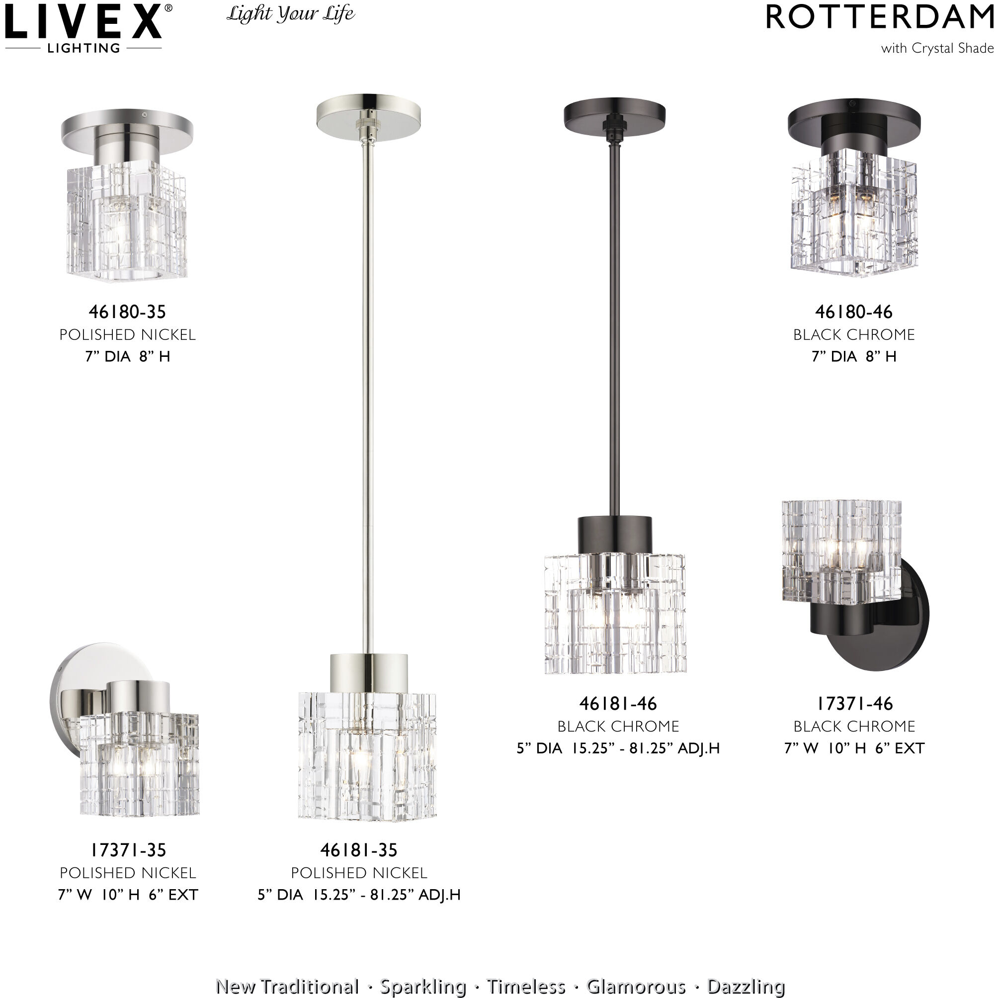 Rotterdam 1 Light 7 inch Polished Nickel Crystal Semi-Flush Ceiling Light