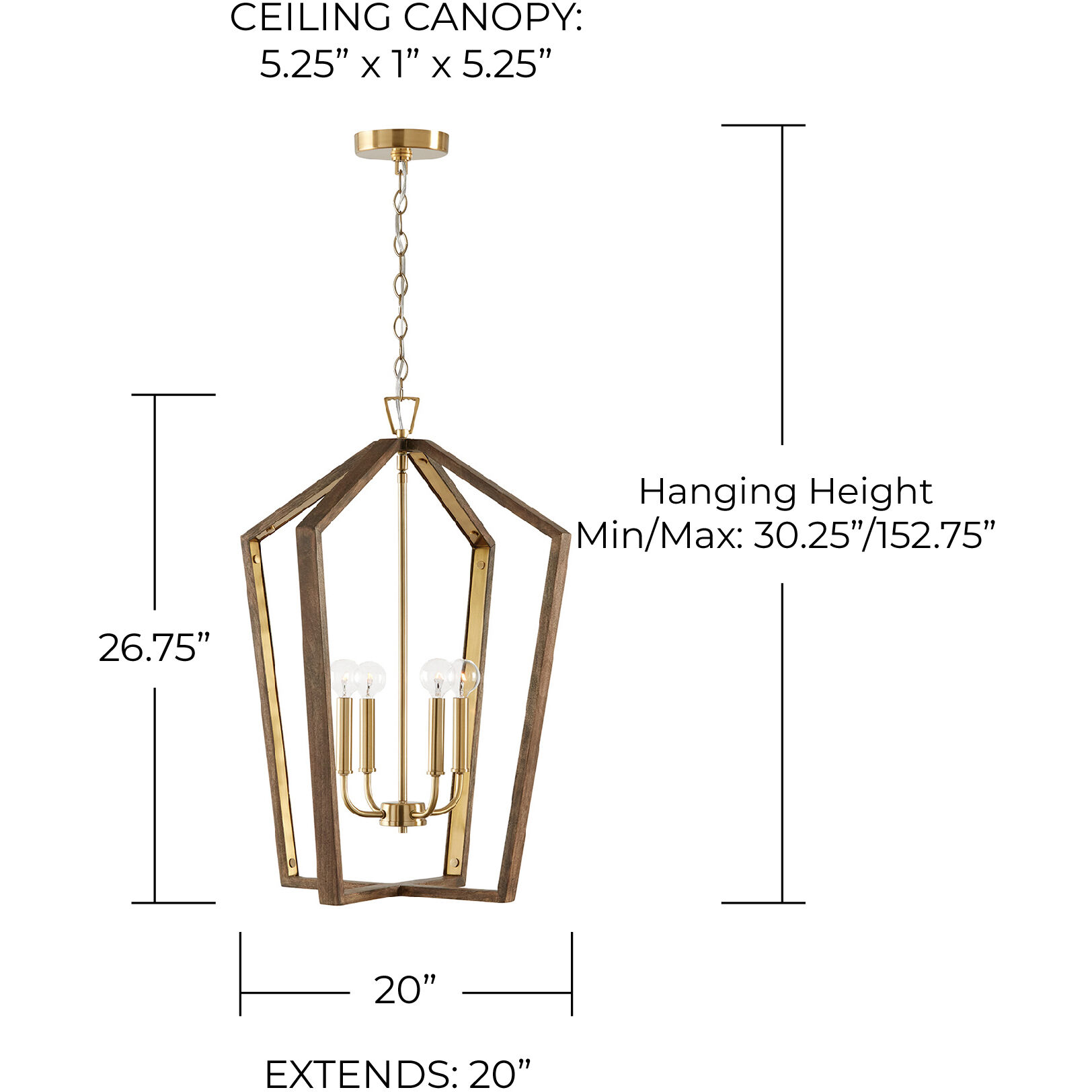 Maren 4 Light 20 inch Nordic Wood and Matte Brass Pendant Ceiling Light
