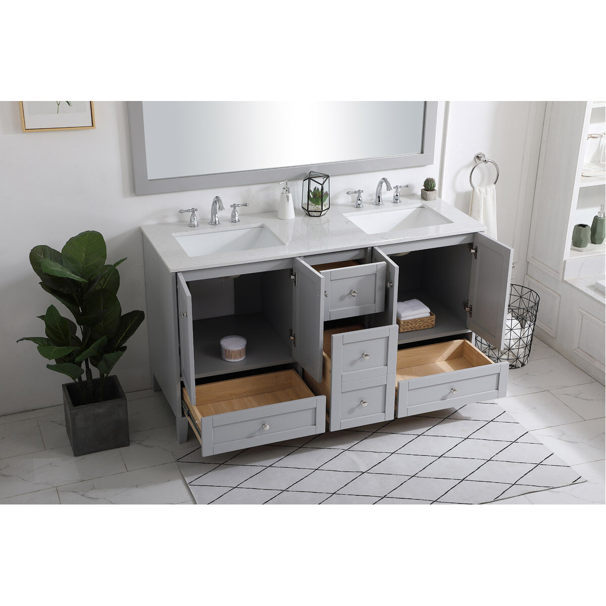 Sommerville 60 X 22 X 34 inch Grey and Brushed Nickel with Calacatta Quartz Vanity Sink Set