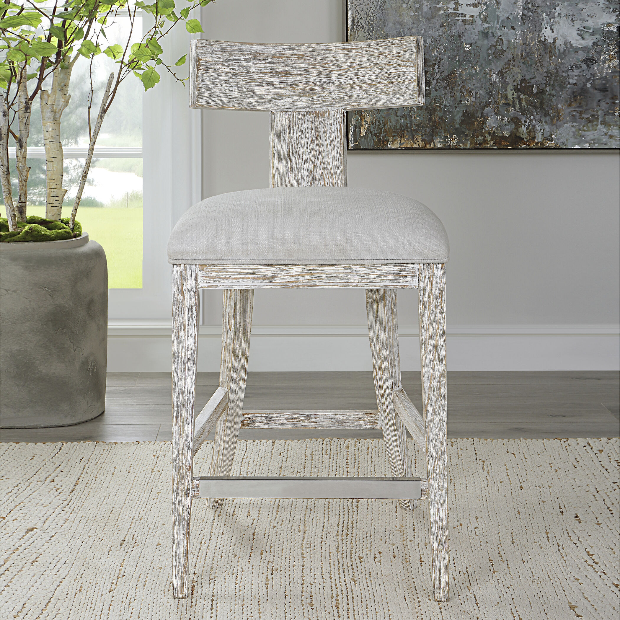 Idris 38 inch Whitewashed and White Fabric Counter Stool