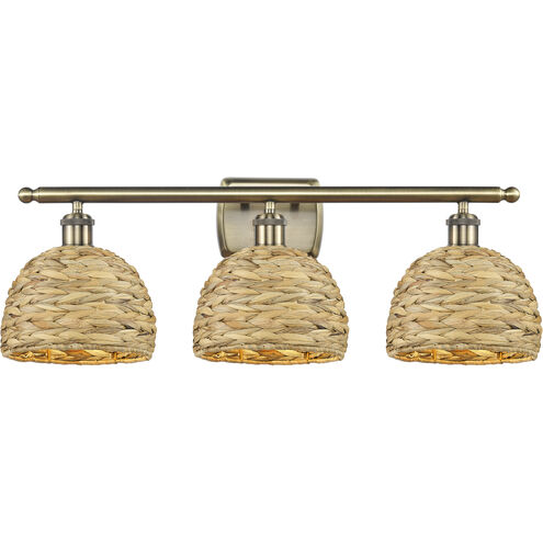 Woven Rattan 3 Light 28 inch Antique Brass Bath Vanity Light Wall Light