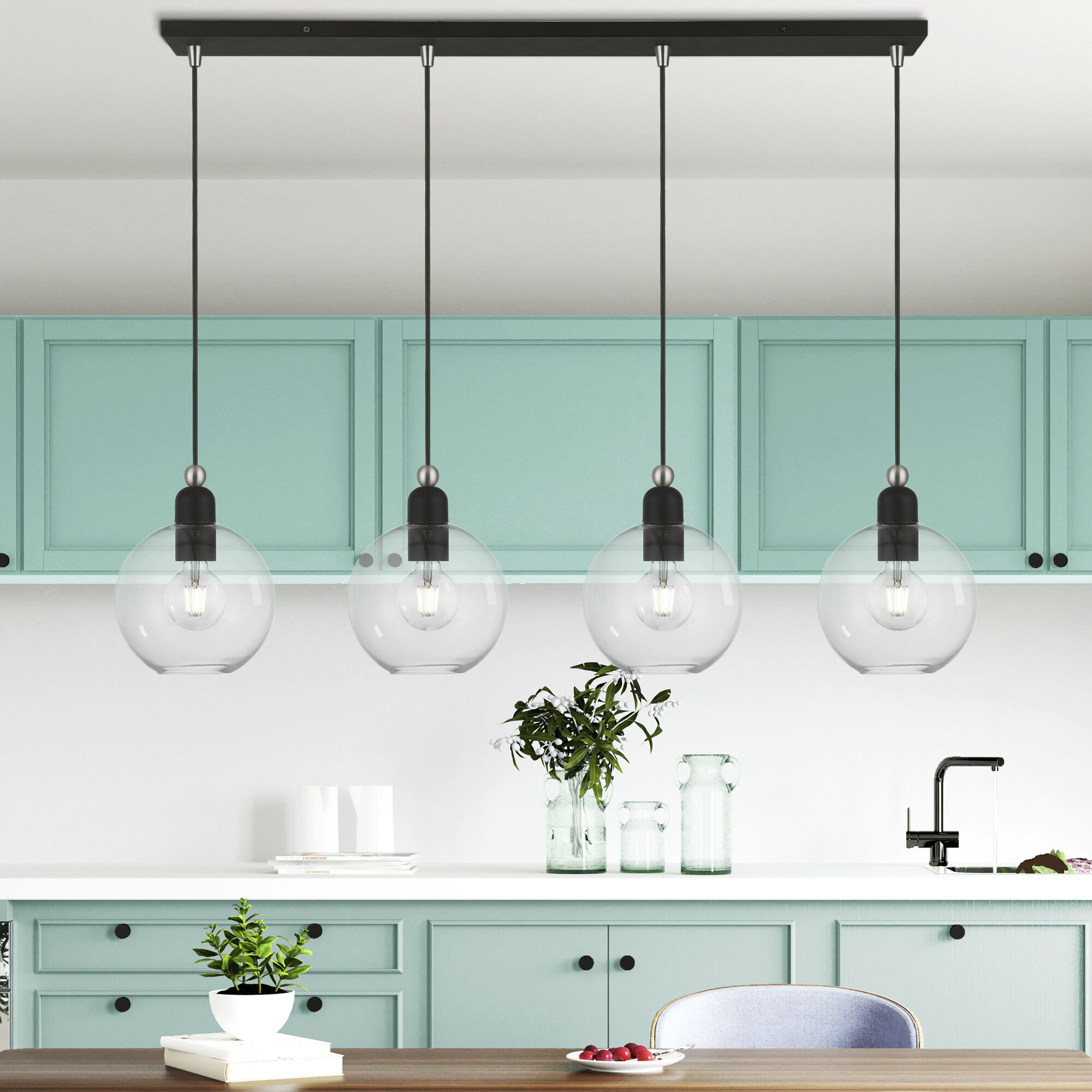 Downtown 4 Light 44 inch Black with Brushed Nickel Accents Linear Chandelier Ceiling Light, Sphere