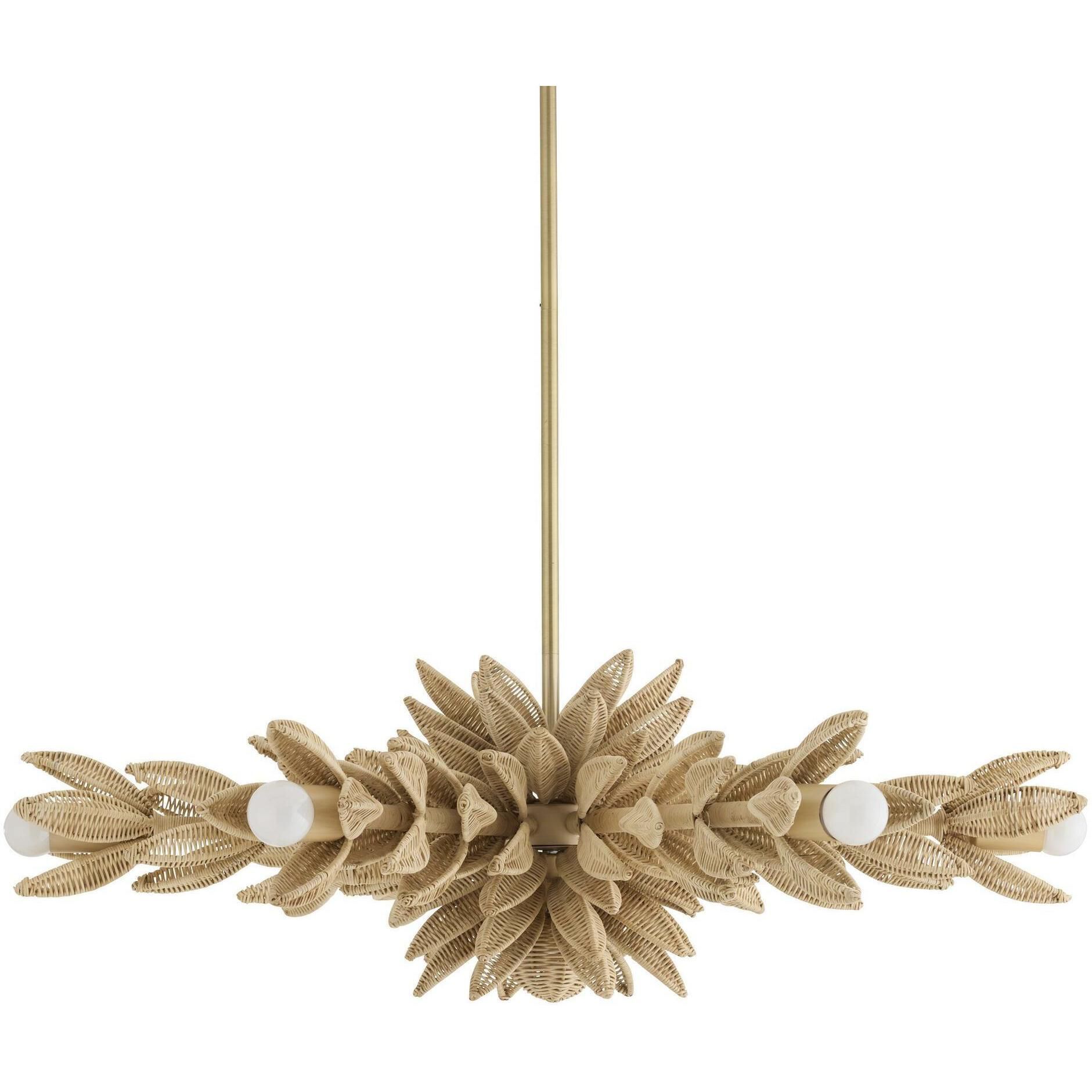 Kasai 6 Light 36.5 inch Natural Rattan and Antique Brass Semi-Flush Mount Ceiling Light