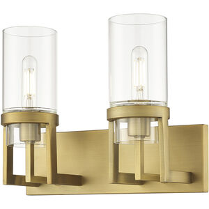 Utopia 2 Light 15 inch Brushed Brass Bath Vanity Light Wall Light in Clear Glass