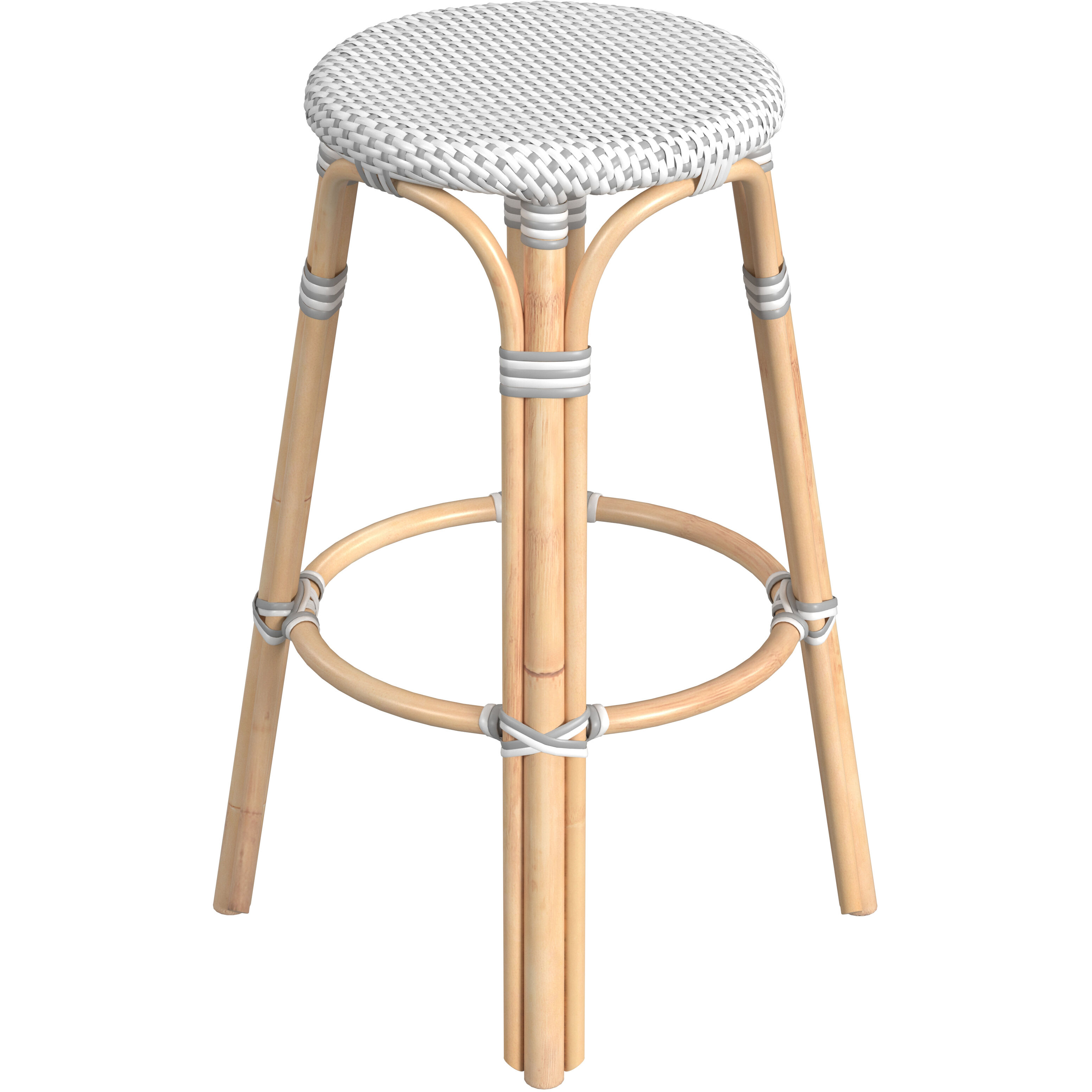 Tobias Round Rattan 30" Bar Stool in White and Gray Dot