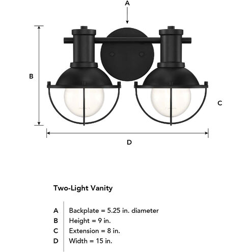 Dalton 2 Light 15 inch Matte Black Vanity Light Wall Light