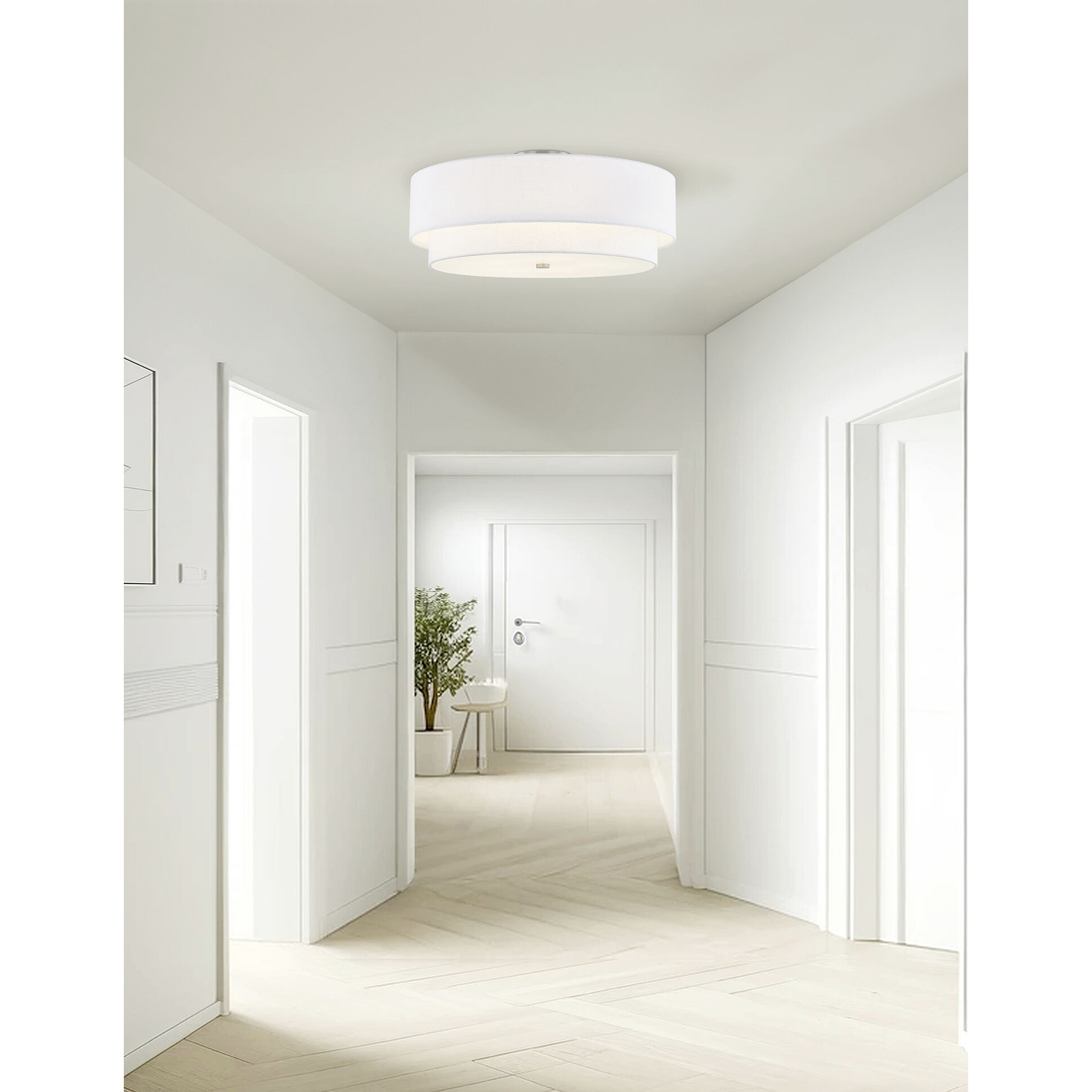 Textile Collection 5 Light 22 inch Brushed Nickel Semi Flush Ceiling Light in White, Classic Family