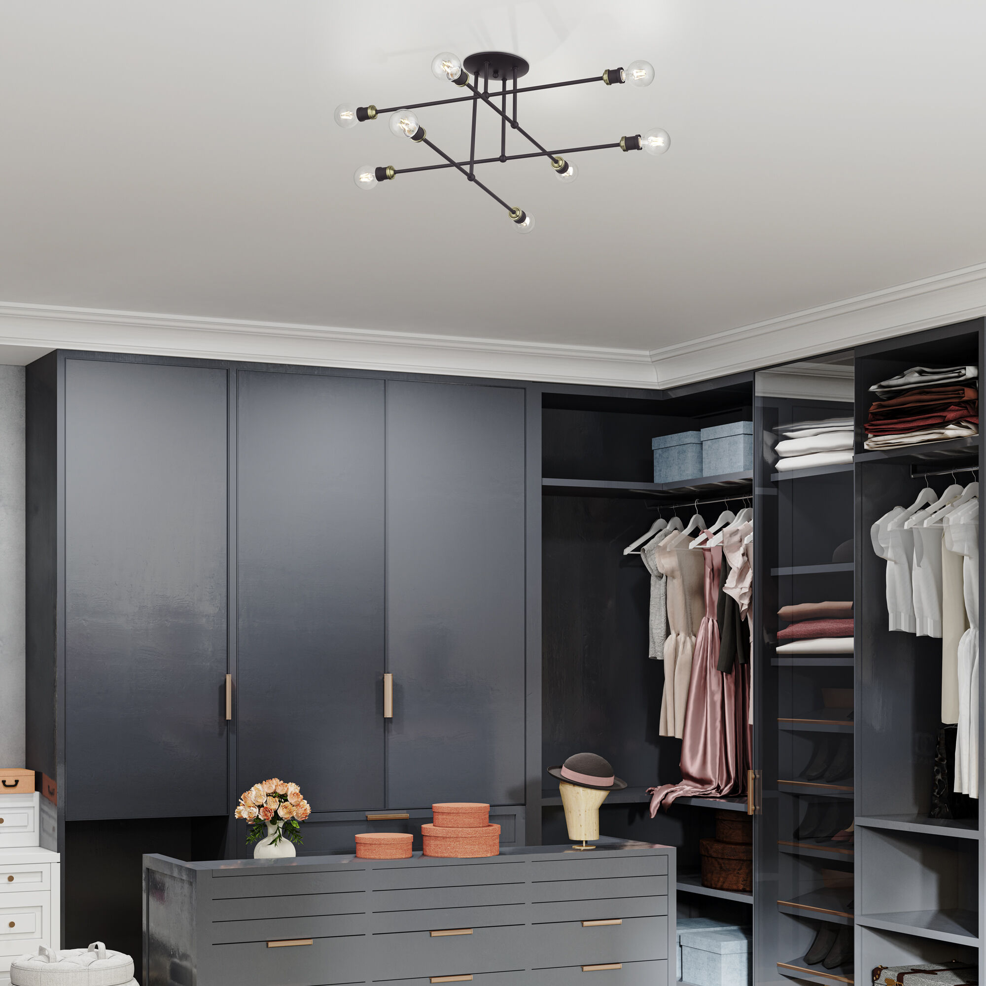 Delacroix 8 Light 35 inch Bronze with Antique Brass Accents Semi-Flush Ceiling Light